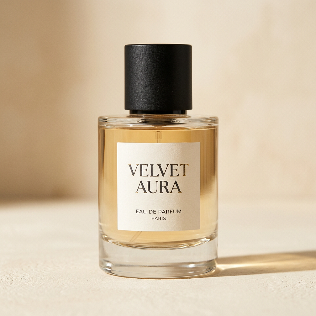 AI-generated sample packaging concept for Velvet Aura perfume, not a verified product photo